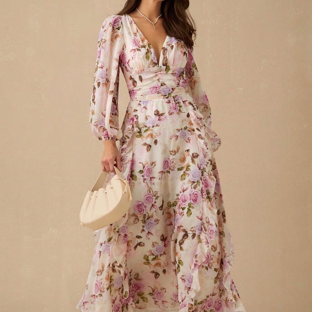 Pink Boho Women's Rose Print Maxi Dress - Picture 5 of 6